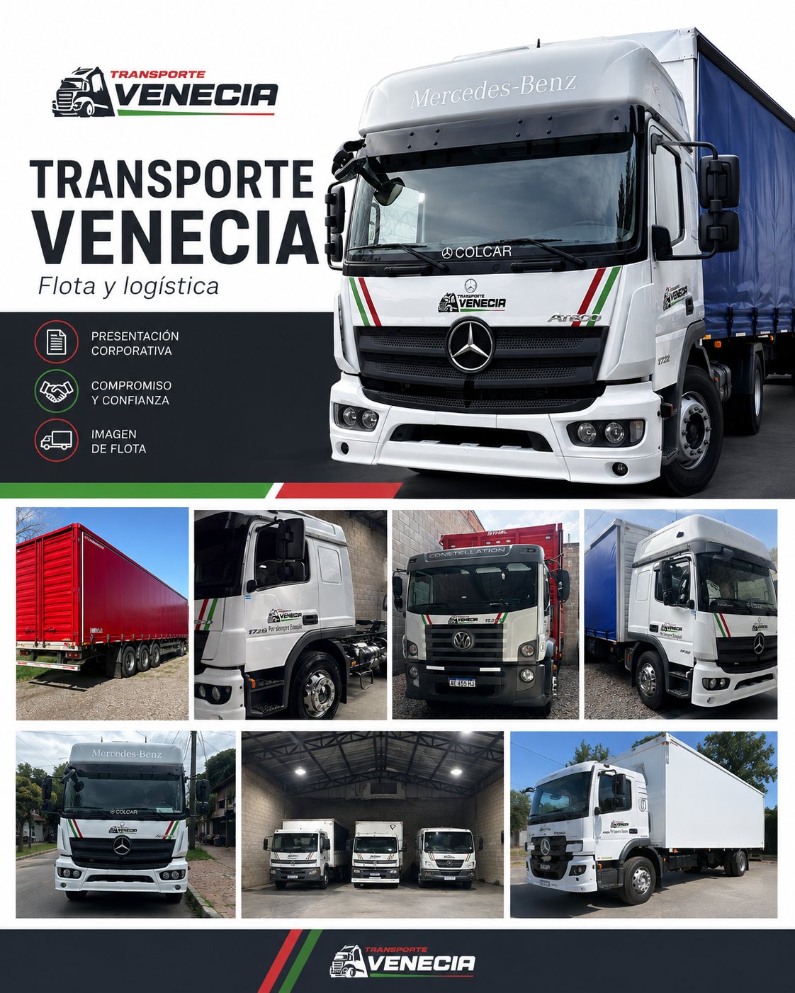 Flyer corporativo: flota y logística con fotos de las unidades